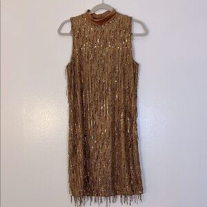 Carla Conti | Sequin gold/copper fringe mesh overlay mini dress Women’s size S